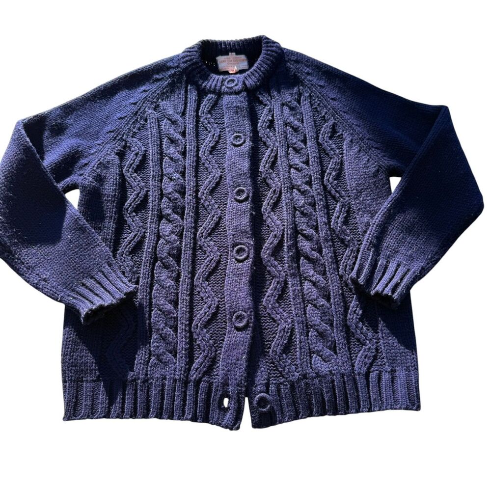 Vintage Import Cable Knit Cardigan Sweater Navy Blue Button Front Women's L